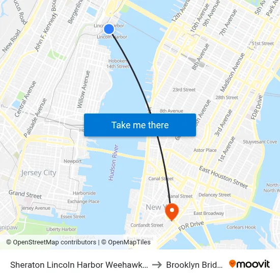 Sheraton Lincoln Harbor Weehawken to Brooklyn Bridge map