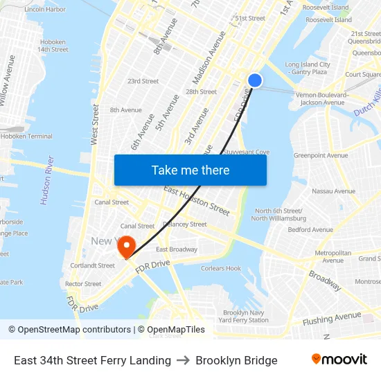 East 34th Street Ferry Landing to Brooklyn Bridge map