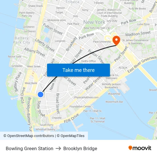 Bowling Green Station to Brooklyn Bridge map