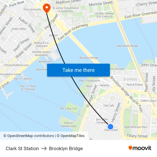 Clark St Station to Brooklyn Bridge map