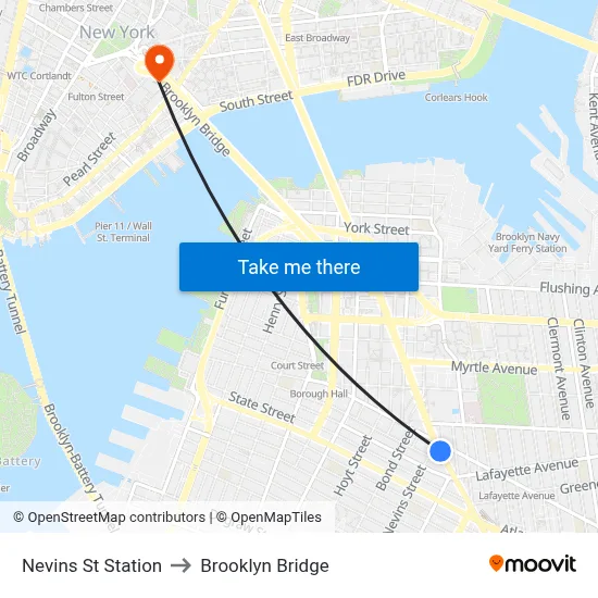 Nevins St Station to Brooklyn Bridge map