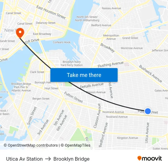 Utica Av Station to Brooklyn Bridge map
