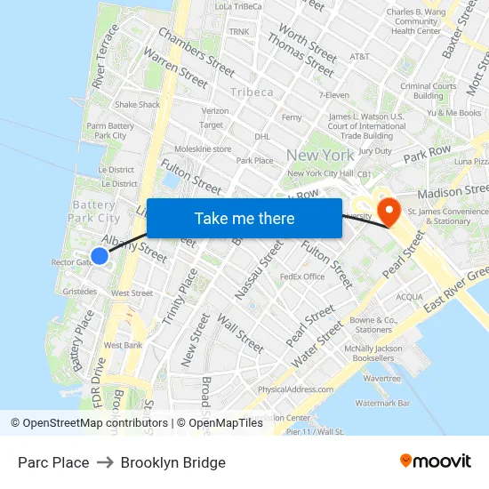 Parc Place to Brooklyn Bridge map