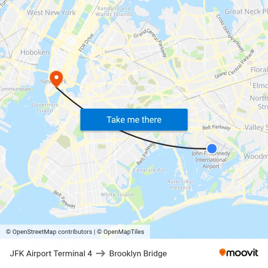 JFK Airport Terminal 4 to Brooklyn Bridge map