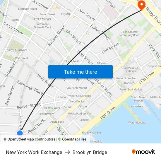 New York Work Exchange to Brooklyn Bridge map
