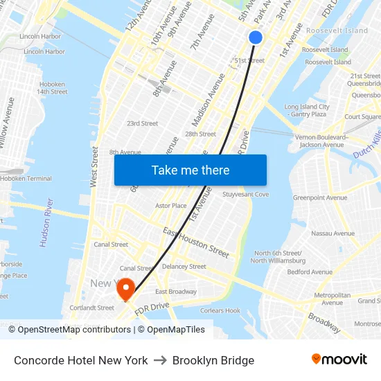 Concorde Hotel New York to Brooklyn Bridge map