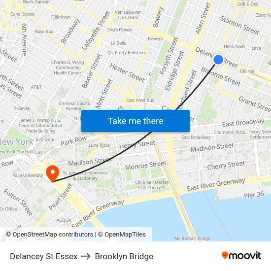 Delancey St Essex to Brooklyn Bridge map