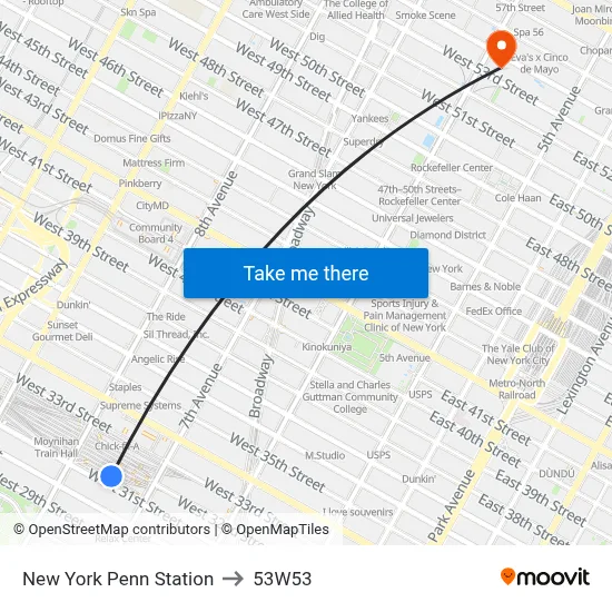 New York Penn Station to 53W53 map