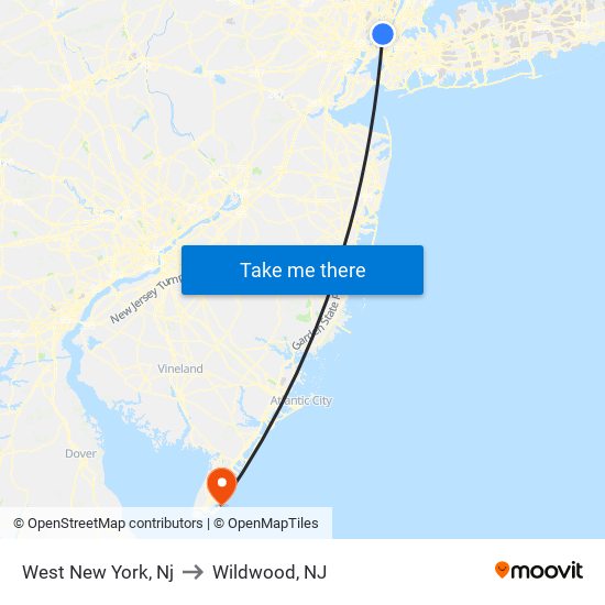 West New York, Nj to Wildwood, NJ map