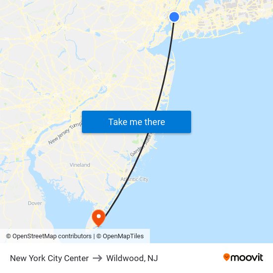 New York City Center to Wildwood, NJ map