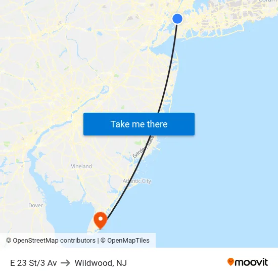 E 23 St/3 Av to Wildwood, NJ map