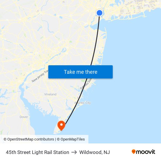 45th Street Light Rail Station to Wildwood, NJ map