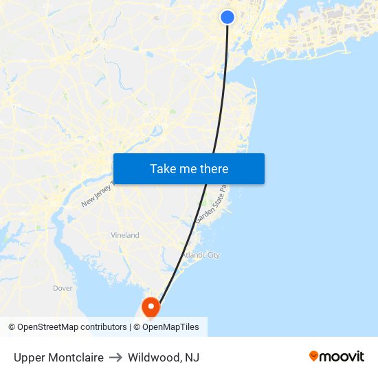 Upper Montclaire to Wildwood, NJ map