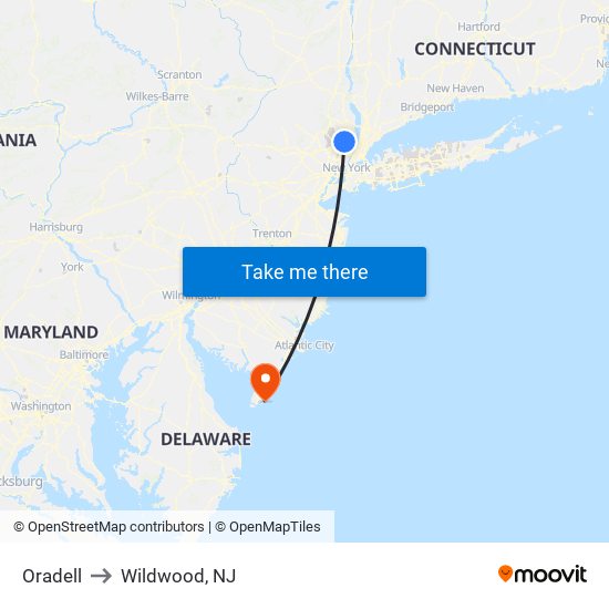 Oradell to Wildwood, NJ map