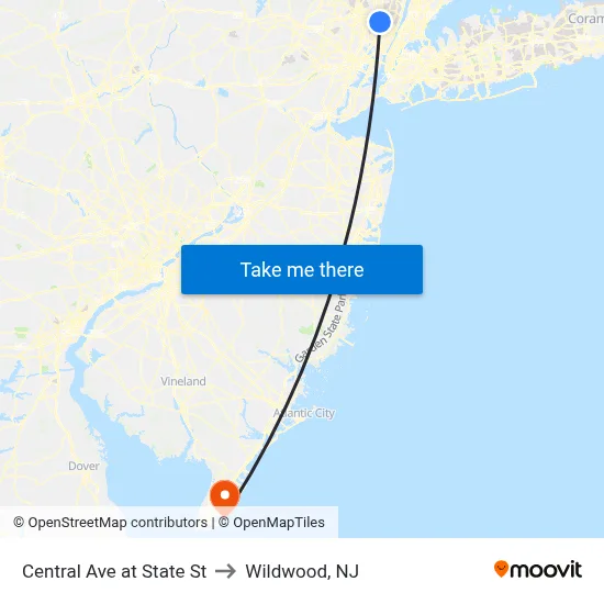 Central Ave at State St to Wildwood, NJ map