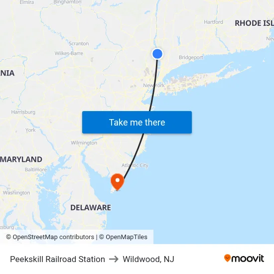 Peekskill Railroad Station to Wildwood, NJ map