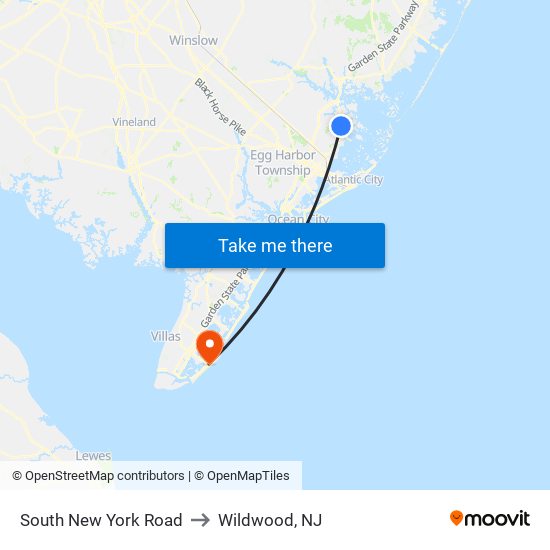 South New York Road to Wildwood, NJ map
