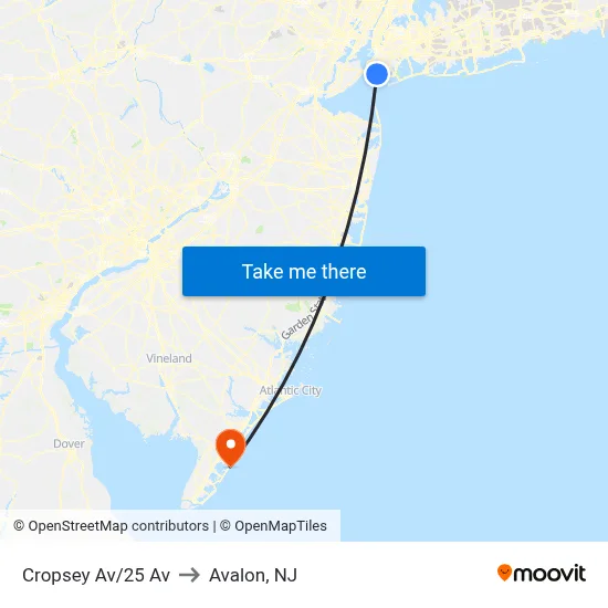 Cropsey Av/25 Av to Avalon, NJ map