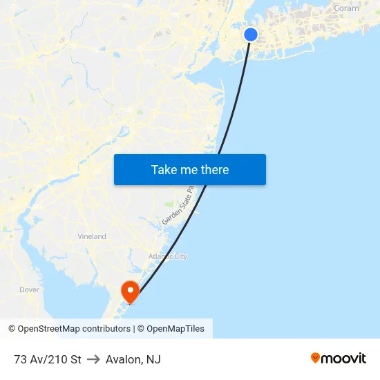 73 Av/210 St to Avalon, NJ map