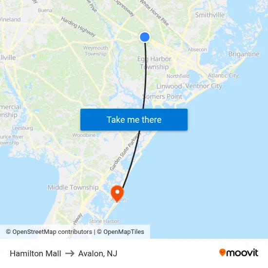 Hamilton Mall to Avalon, NJ map