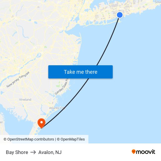 Bay Shore to Avalon, NJ map