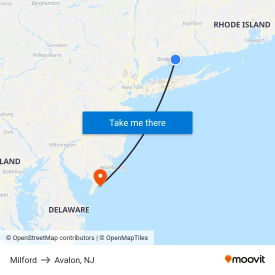 Milford to Avalon, NJ map