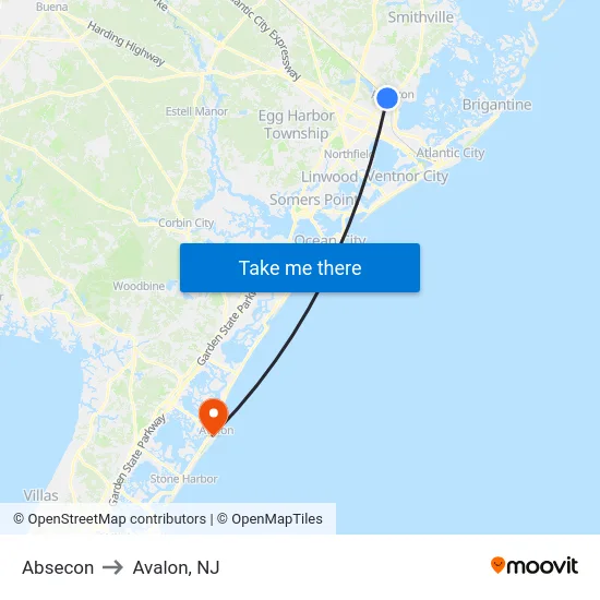 Absecon to Avalon, NJ map