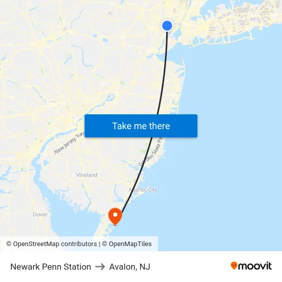 Newark Penn Station to Avalon, NJ map