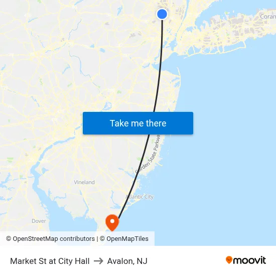 Market St at City Hall to Avalon, NJ map