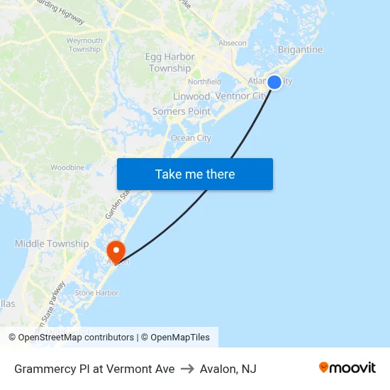 Grammercy Pl at Vermont Ave to Avalon, NJ map