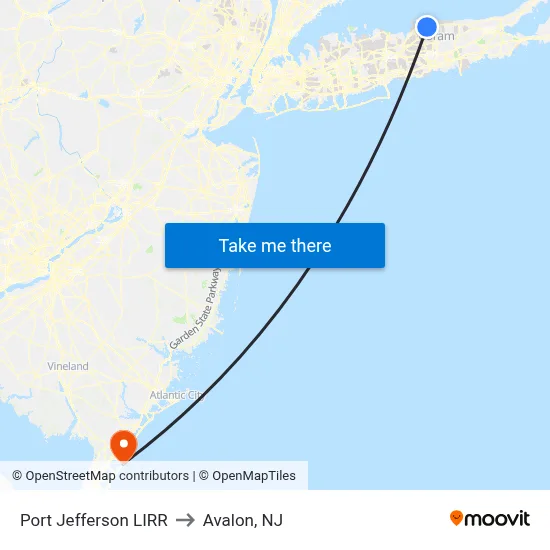 Port Jefferson LIRR to Avalon, NJ map