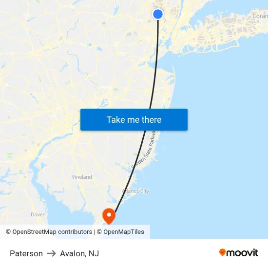 Paterson to Avalon, NJ map