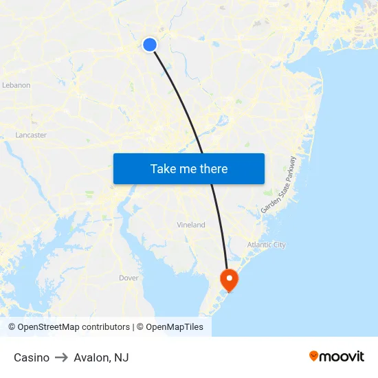 Casino to Avalon, NJ map