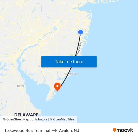 Lakewood Bus Terminal to Avalon, NJ map