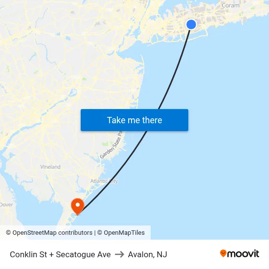 Conklin St + Secatogue Ave to Avalon, NJ map