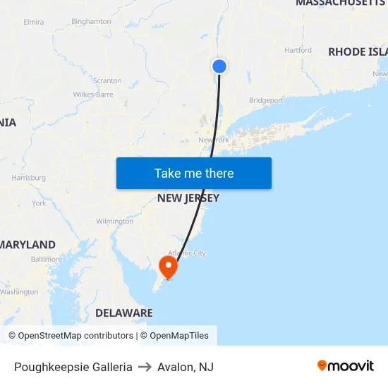 Poughkeepsie Galleria to Avalon, NJ map