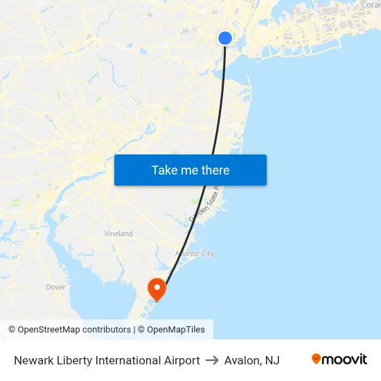 Newark Liberty International Airport to Avalon, NJ map