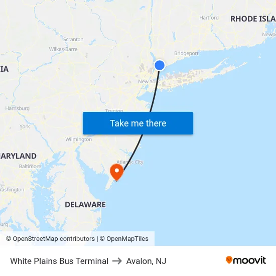 White Plains Bus Terminal to Avalon, NJ map