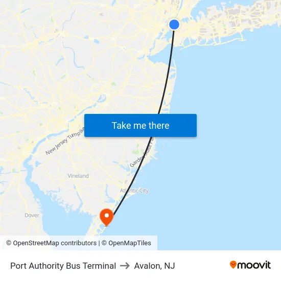 Port Authority Bus Terminal to Avalon, NJ map