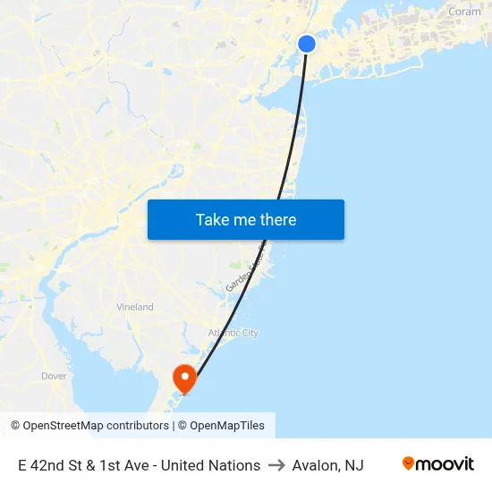 E 42nd St & 1st Ave - United Nations to Avalon, NJ map