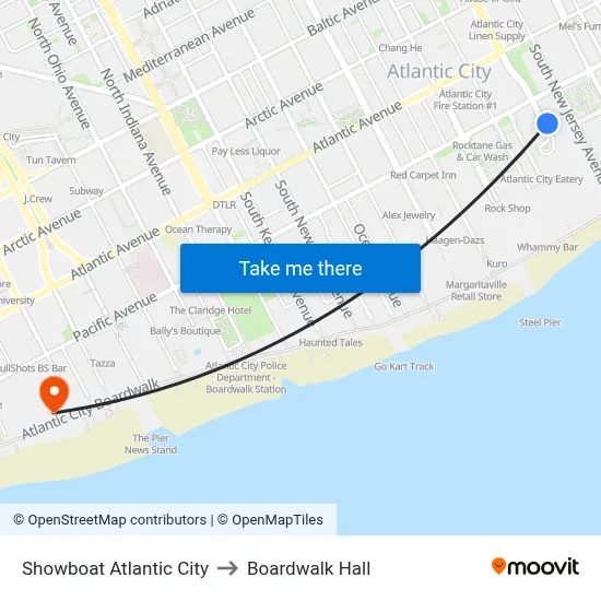 Showboat Atlantic City to Boardwalk Hall map