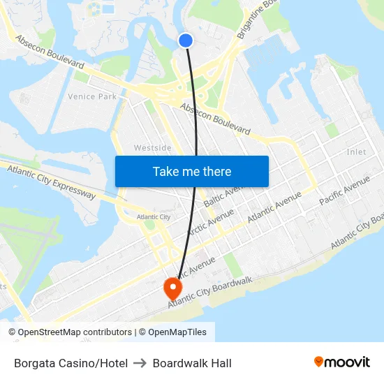 Borgata Casino/Hotel to Boardwalk Hall map