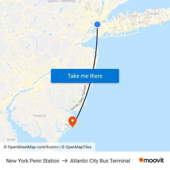 New York Penn Station to Atlantic City Bus Terminal map
