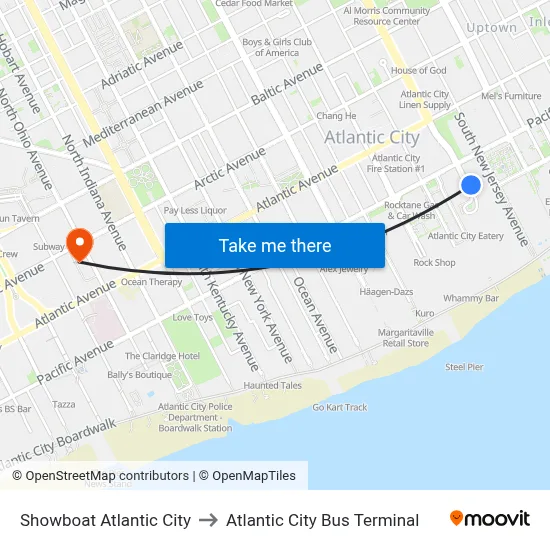 Showboat Atlantic City to Atlantic City Bus Terminal map