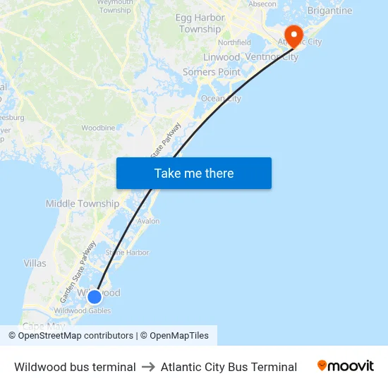 Wildwood bus terminal to Atlantic City Bus Terminal map