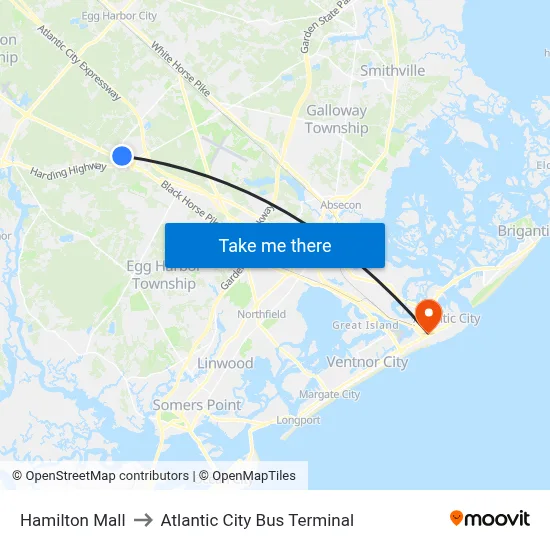 Hamilton Mall to Atlantic City Bus Terminal map