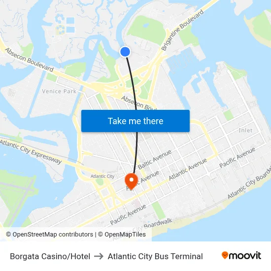 Borgata Casino/Hotel to Atlantic City Bus Terminal map