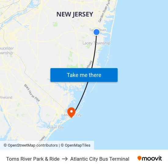 Toms River Park & Ride to Atlantic City Bus Terminal map
