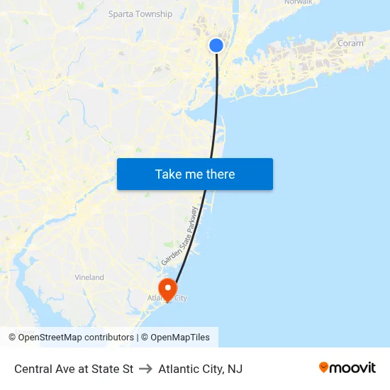 Central Ave at State St to Atlantic City, NJ map