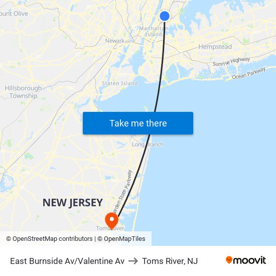 East Burnside Av/Valentine Av to Toms River, NJ map